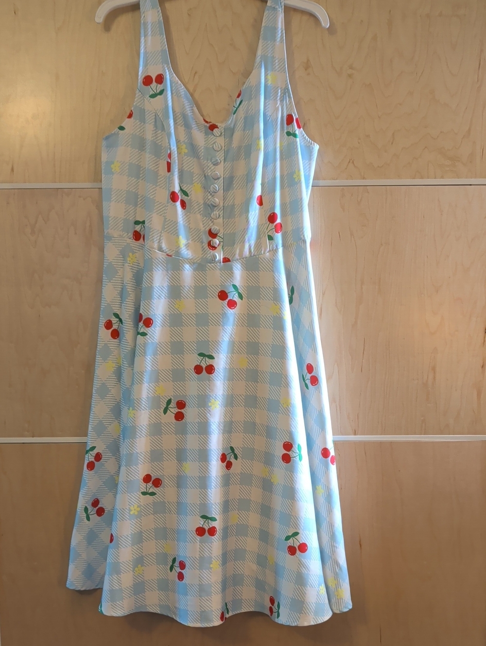Light Blue Gingham Cherry Print Dress - Women
